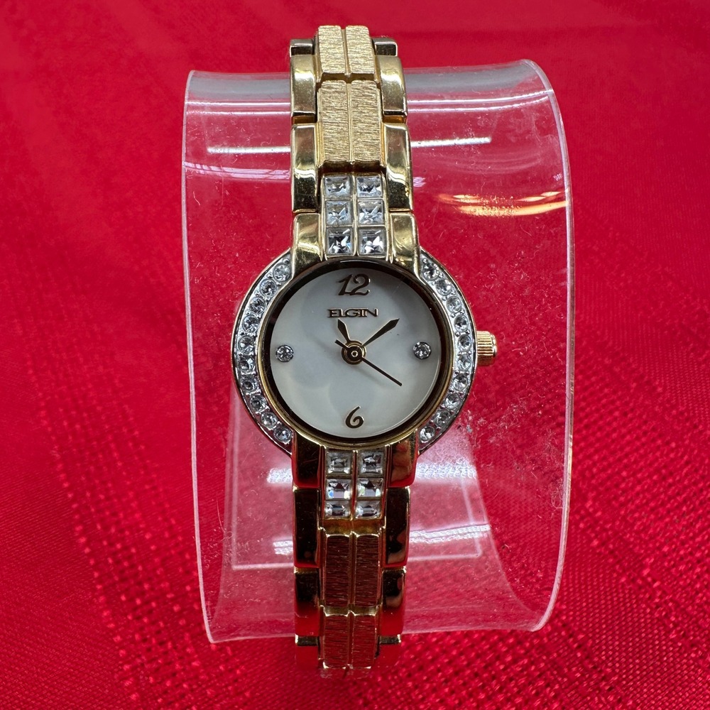 Elgin‎ Gold Tone Crystal Bezel Mother of Pearl Dial Watch EG6252T NEEDS BATTERY